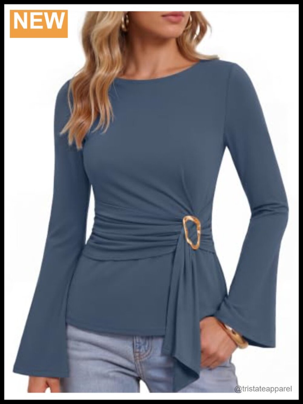 Womens Long Sleeve Tie Waist Knit Blouse Business Casual Ruching Boat Neck